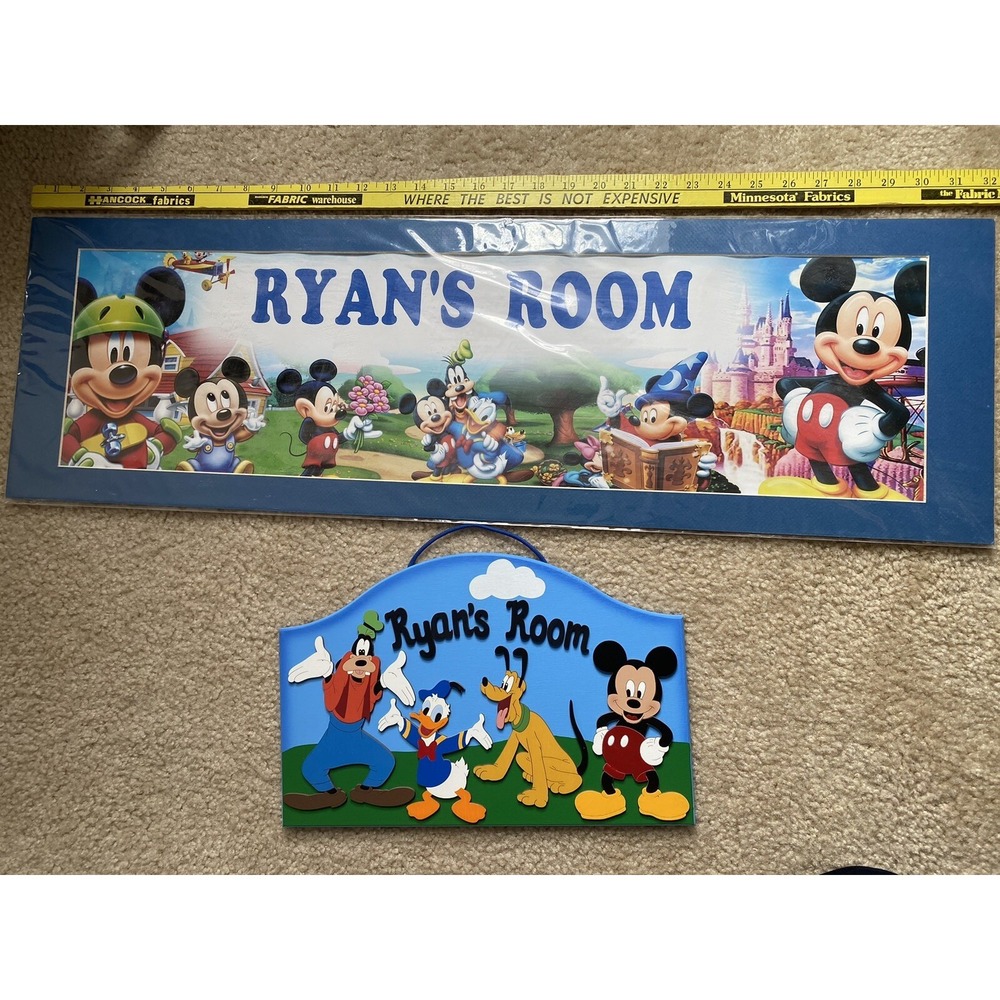 Disney Mickey Mouse Ryans Room Sign Vintage Hand Painted Kids Wall Decor Lot 2
